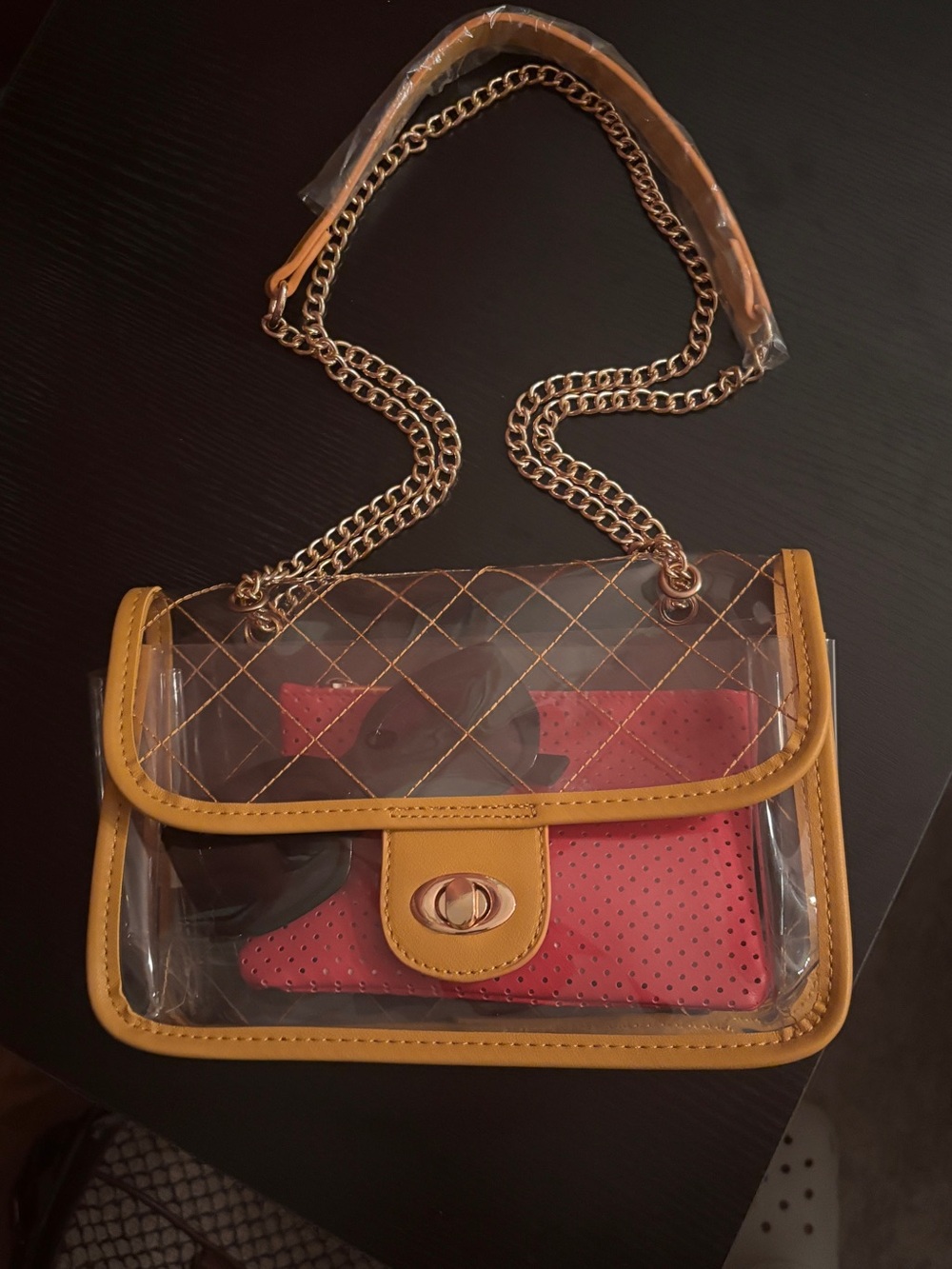 Clear Crossbody/Shoulder Bag with Mustard Trim + Hot Pink Ipsy Pouch / Insert